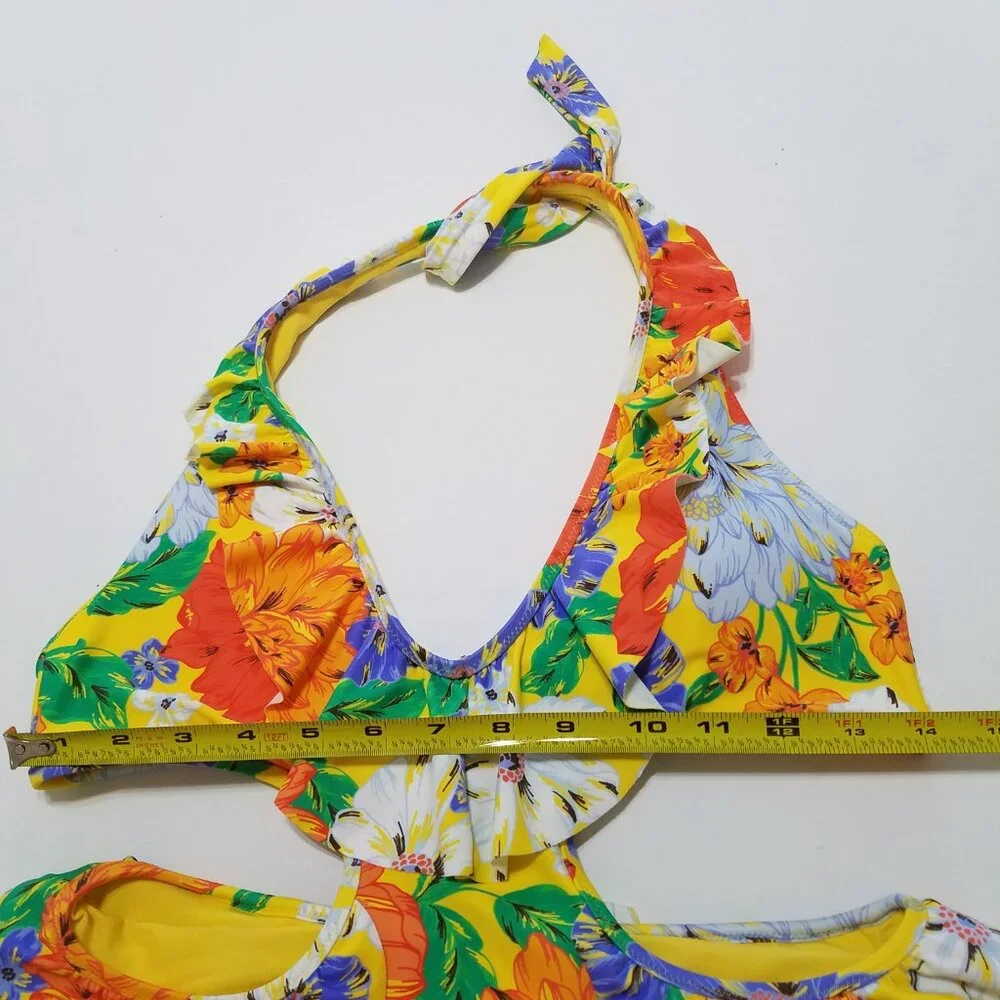 NWOT Aerie Floral Ruffle Halter Cut Out One Piece Swimsuit Size L - Picture 6 of 11